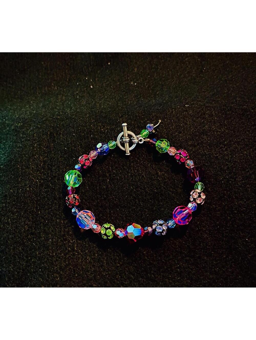 Artisan Handmade Sterling Silver Sparkling Swarovski Crystal Beaded Bracelet 8”